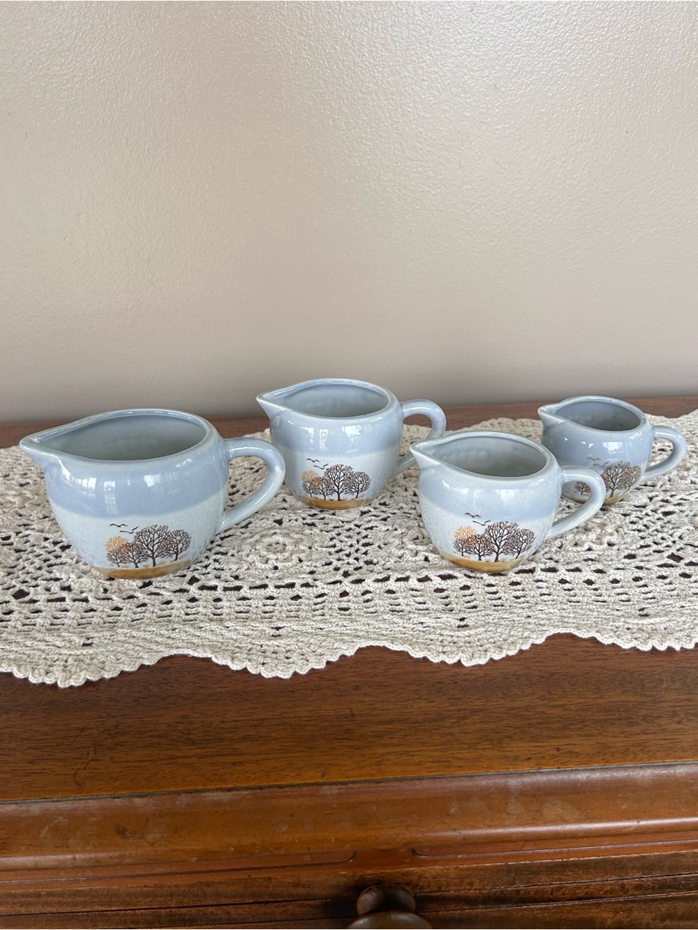 Set of 4 Vintage Taiwan Pottery Measuring Cups Blue Tree Landscape w/ Birds